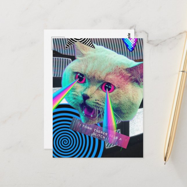 Surrealer Glitch-Katzen-Collage Postkarte (Vorderseite/Rückseite Beispiel)