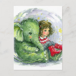 Surrealer grüner Baby-Elefant und Mädchen in roten Postkarte