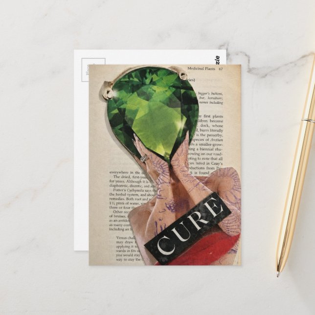 Surrealer grüner Edelstein-Damen-Collage  Postkarte (Vorderseite/Rückseite Beispiel)