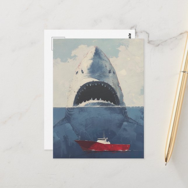 Surrealer Hai und Boot Postkarte (Vorderseite/Rückseite Beispiel)