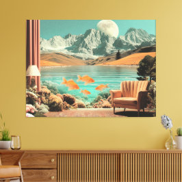 Surrealer Innenraum mit Fischen und mondbeschienen Leinwanddruck