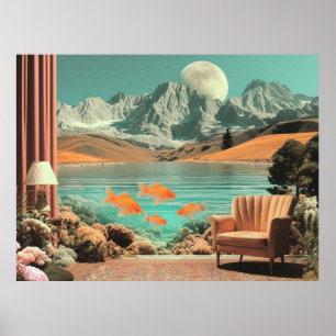 Surrealer Innenraum mit Fischen und mondbeschienen Poster
