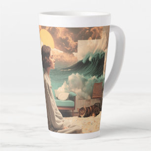 Surrealer Innenraum mit Frau und Katze Milchtasse