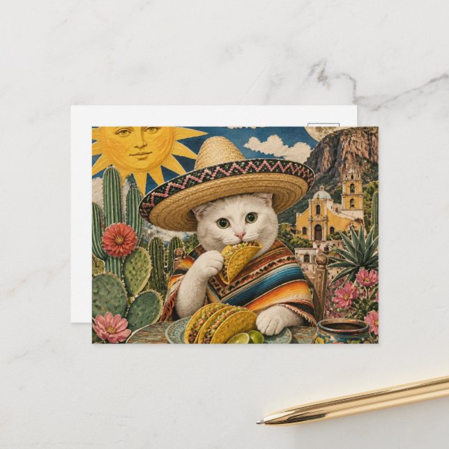 Surrealer Kater isst Tacos Collage Postkarte (Vorderseite/Rückseite Beispiel)