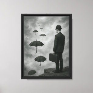 Surrealer Mensch mit Regenschirmen über der Leinwa Leinwanddruck
