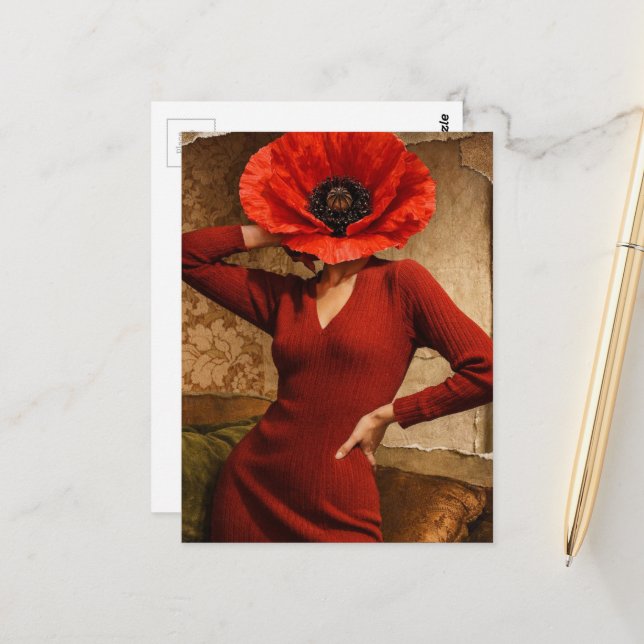 Surrealer Mohnblumen-Damen-Collage Postkarte (Vorderseite/Rückseite Beispiel)