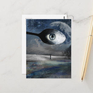 Surrealer Mond- und Löffel-Collage Einsame Bäume Postkarte