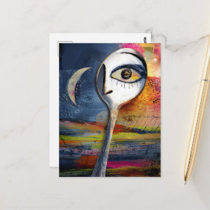 Surrealer Mond und Löffel mit Gesichtskollage Postkarte