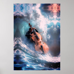 Surrealer Musikmann spielt Cello in Meereswellen Poster