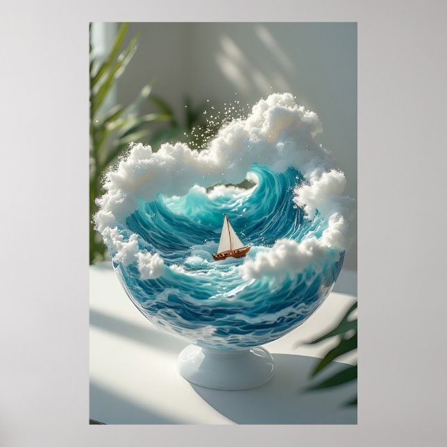 🌊 Surrealer Ozean in Glasglobus Kleines Segelboot Poster (Vorne)