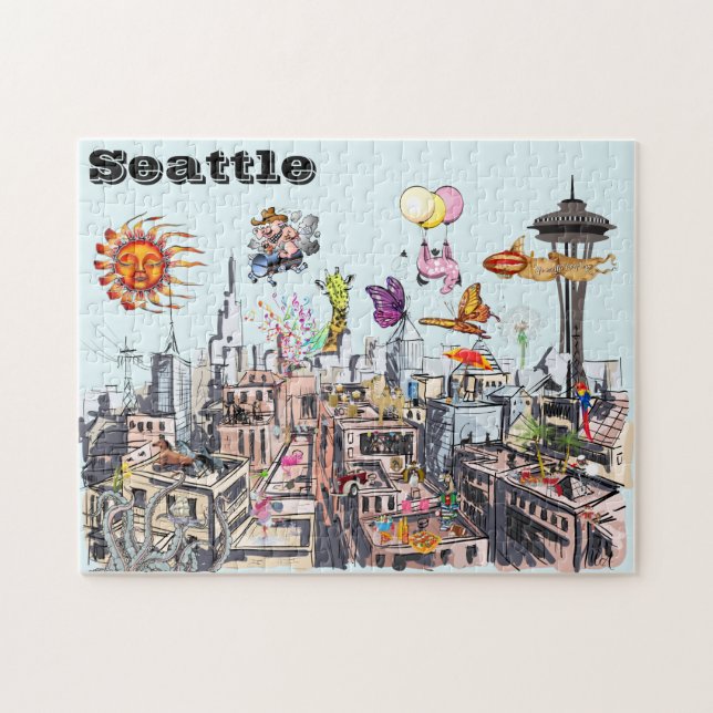 Surrealer Pop Kunst belebte Stadt Seattle Puzzle (Horizontal)