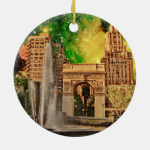 Surrealer quadratischer Park Washingtons, NYC Keramik Ornament