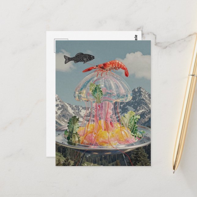 Surrealer Quallen-Collage Postkarte (Vorderseite/Rückseite Beispiel)
