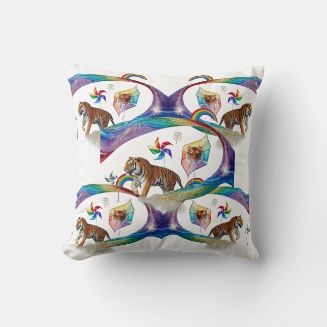 Surrealer Regenbogen-Tiger-Windrad-Dynamik-Wurf  Kissen (Vorderseite)
