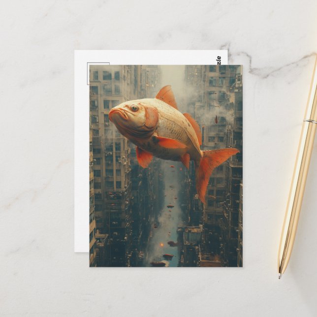 Surrealer Riesenfisch in der City Sky Postkarte (Vorderseite/Rückseite Beispiel)
