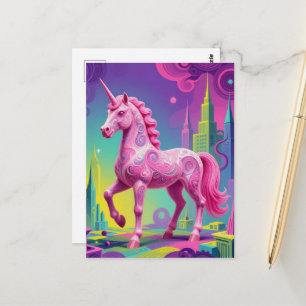 Surrealer rosa Einhorn in einer Stadt Postkarte