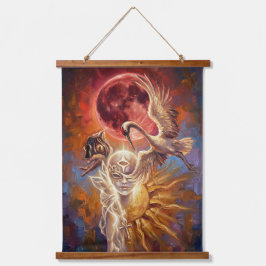 Surrealer roter Mond & Kranich-Wandkunst Wandteppich Mit Holzrahmen