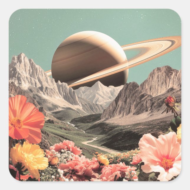 Surrealer Saturn über Bergtal Quadratischer Aufkleber (Vorderseite)