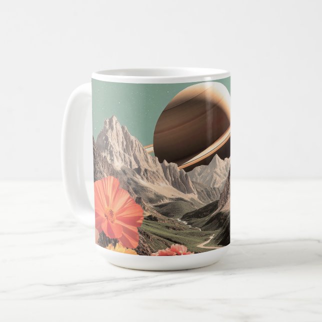 Surrealer Saturn über Mountain Valley Kaffeetasse (Vorderseite Links)