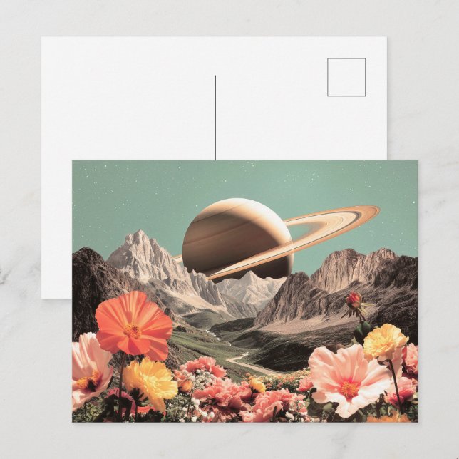 Surrealer Saturn über Mountain Valley Postkarte (Vorne/Hinten)