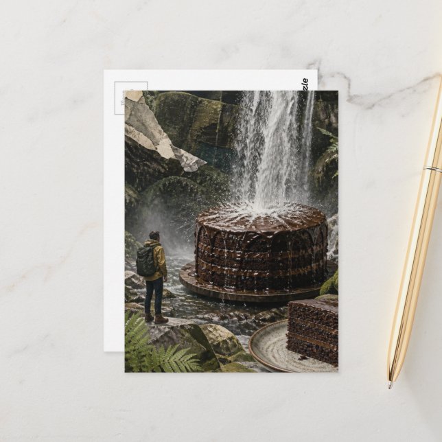 Surrealer Schokoladenkuchen Collage Postkarte (Vorderseite/Rückseite Beispiel)
