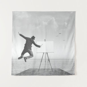 surrealer Schwarz-Weiß-Kunstmaler, der auf einer L Wandteppich