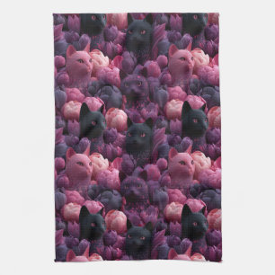 Surrealer schwarzer Kater und rosa Pfingstrosen-Bl Geschirrtuch