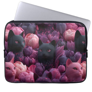 Surrealer schwarzer Kater und rosa Pfingstrosen-Bl Laptopschutzhülle
