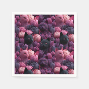 Surrealer schwarzer Kater und rosa Pfingstrosen-Bl Serviette
