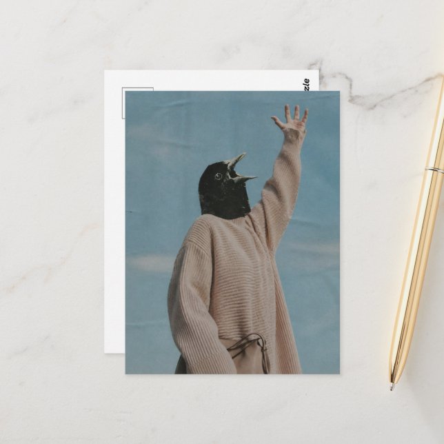 Surrealer Singender Amsel-Collage Postkarte (Vorderseite/Rückseite Beispiel)