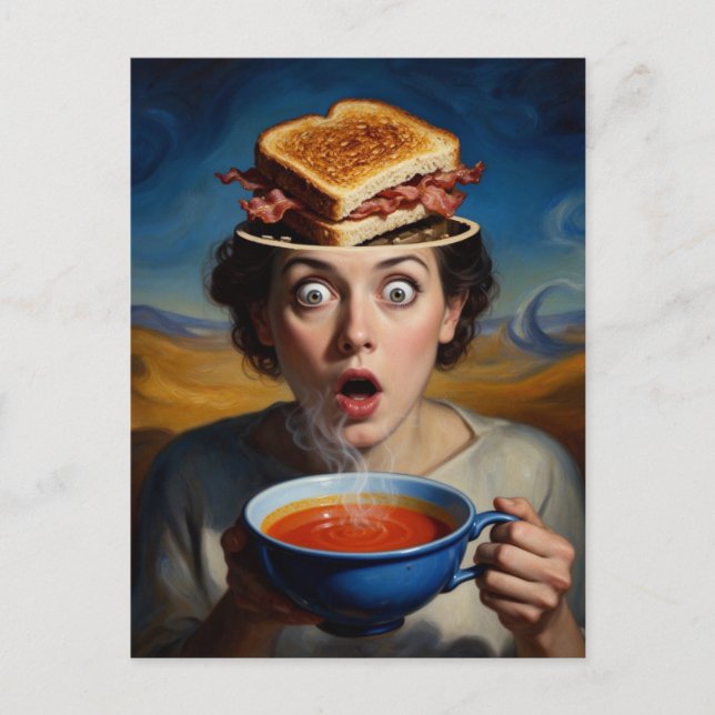 Surrealer Speck-Sandwich und Suppe Postkarte (Vorderseite)