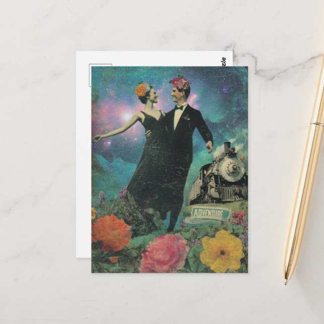 Surrealer Tanzmenschen-Abenteuer-Collage-Zug  Postkarte (Vorderseite/Rückseite Beispiel)