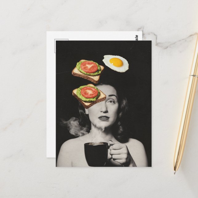 Surrealer Toast mit einer Eierfrau mit Kaffee Postkarte (Vorderseite/Rückseite Beispiel)