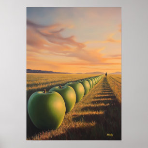 Surrealer Traumlandschaft-Äpfel in Dämmerungsfelde Poster