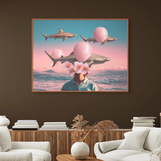 Surrealer Traumlandschaft mit Haien und Ballons Poster (Surreal Dreamscape with Sharks and Balloons)