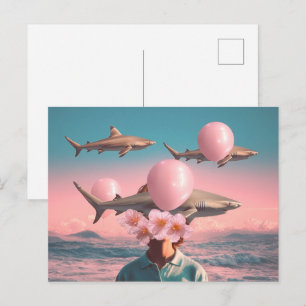 Surrealer Traumlandschaft mit Haien und Ballons Postkarte