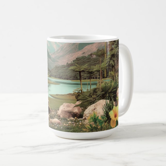 Surrealer tropischer See mit Palmen Kaffeetasse (VorderseiteRechts)