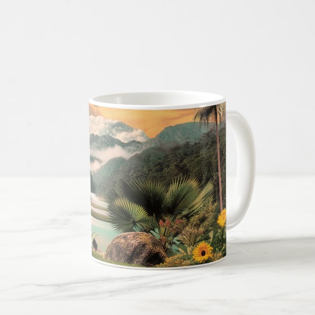 Surrealer tropischer Tal mit Palmen Kaffeetasse (VorderseiteRechts)