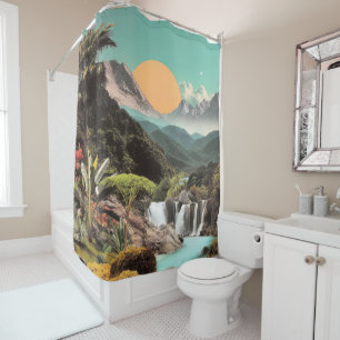 Surrealer tropischer Tal mit Wasserfällen Duschvorhang