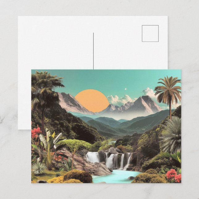 Surrealer tropischer Tal mit Wasserfällen Postkarte (Vorne/Hinten)