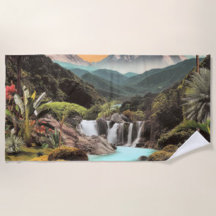 Surrealer tropischer Tal mit Wasserfällen Strandtuch