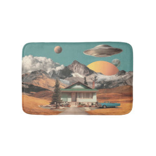 Surrealer UFO über rustikalem Haus Badematte