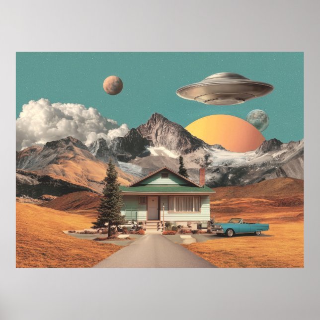 Surrealer UFO über rustikalem Haus Poster (Vorne)