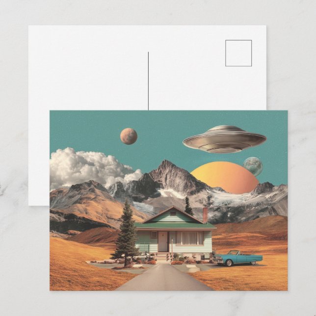 Surrealer UFO über rustikalem Haus Postkarte (Vorne/Hinten)