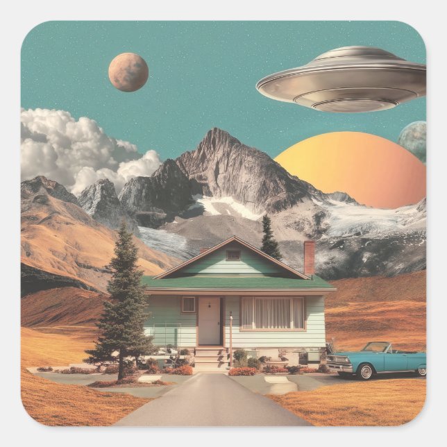 Surrealer UFO über rustikalem Haus Quadratischer Aufkleber (Vorderseite)