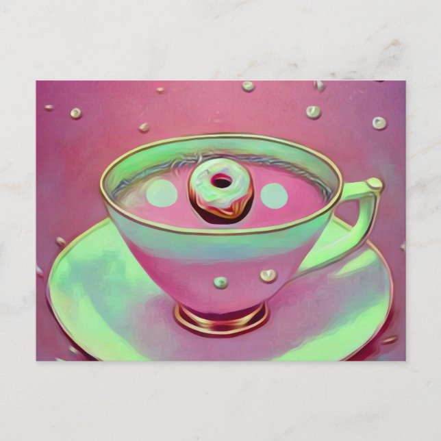 Surrealer Vintage-Teetasse & winziger Donut Postkarte (Vorderseite)