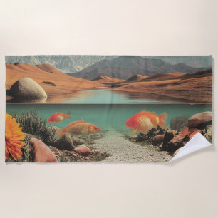 Surrealer Wüsten- und See mit Goldfischen Strandtuch