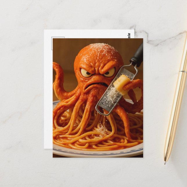 Surrealer wütender Spaghetti-Oktopus Postkarte (Vorderseite/Rückseite Beispiel)