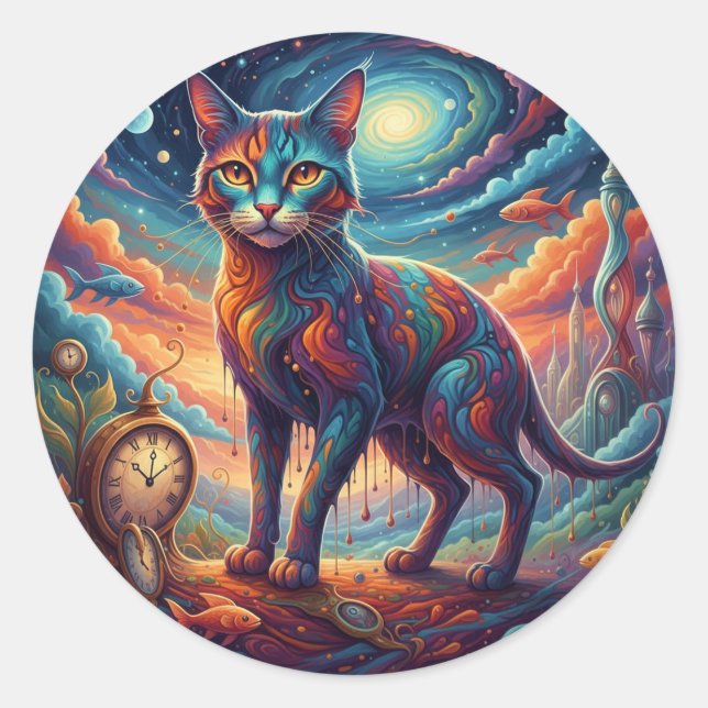 Surrealism Whimsical Time Travel Cat Runder Aufkleber (Vorderseite)