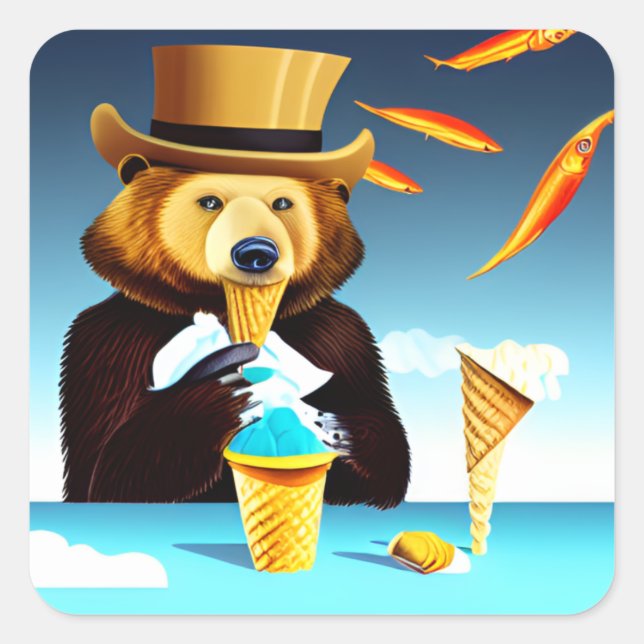 Surrealist Art Bear mit Eiscreme essen Quadratischer Aufkleber (Vorderseite)